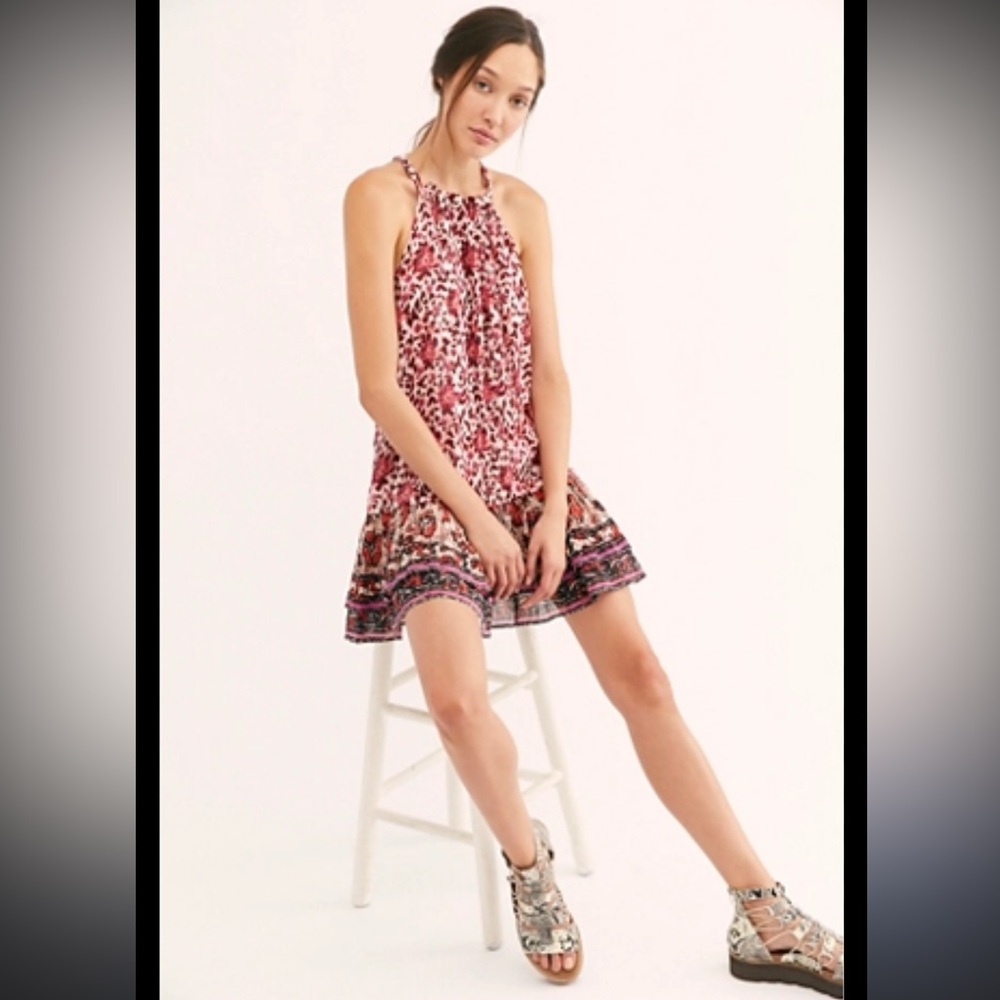 Free People Red and Pink Patterned Mini Dress